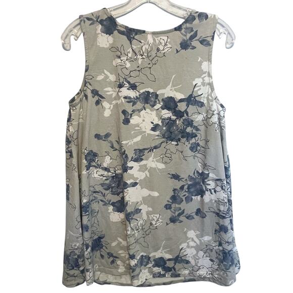 June + Vie Floral Tank Womens Medium Gray Blue Cotton Casual Swing Top - Picture 3 of 7